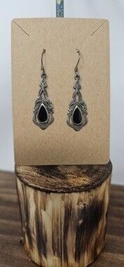 Vintage Stamped Sterling Silver 925 Black Onyx French Hook Dangle Earrings